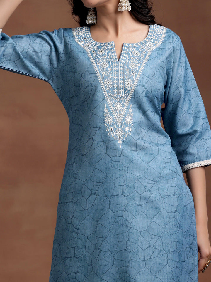 Blue Yoke Design Cotton Straight Suit With Dupatta - Libas