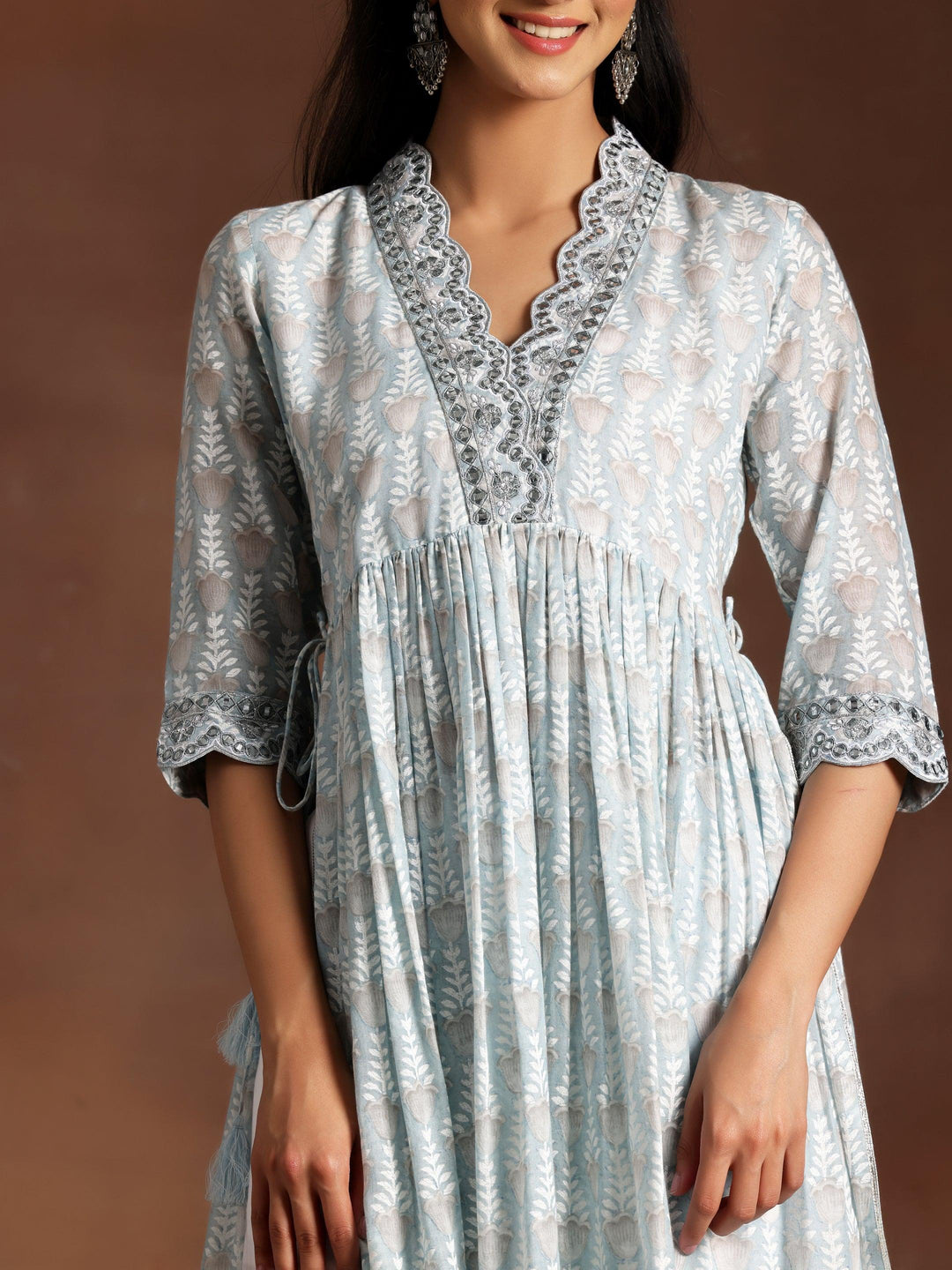 Grey Printed Cotton A-Line Kurta With Palazzos & Dupatta - Libas 