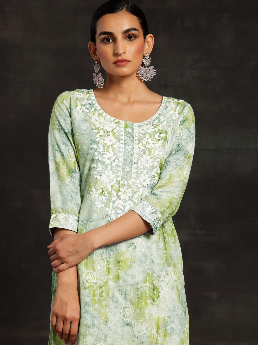 Green Printed Cotton Straight Kurta - Libas