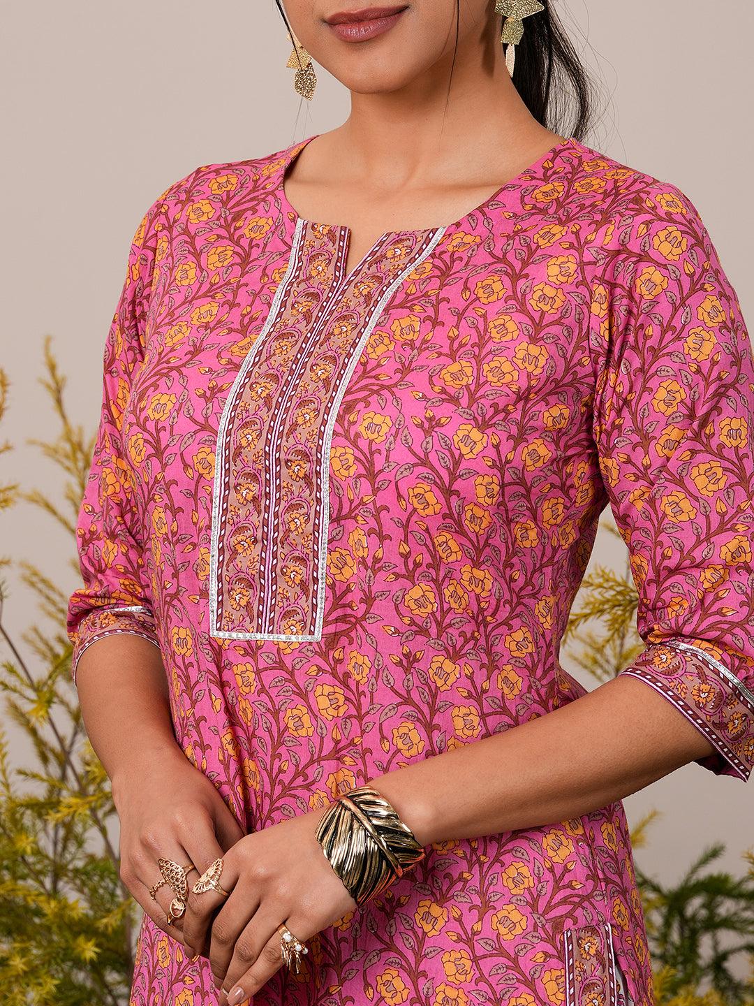 Pink Printed Cotton Straight Suit With Dupatta - Libas 