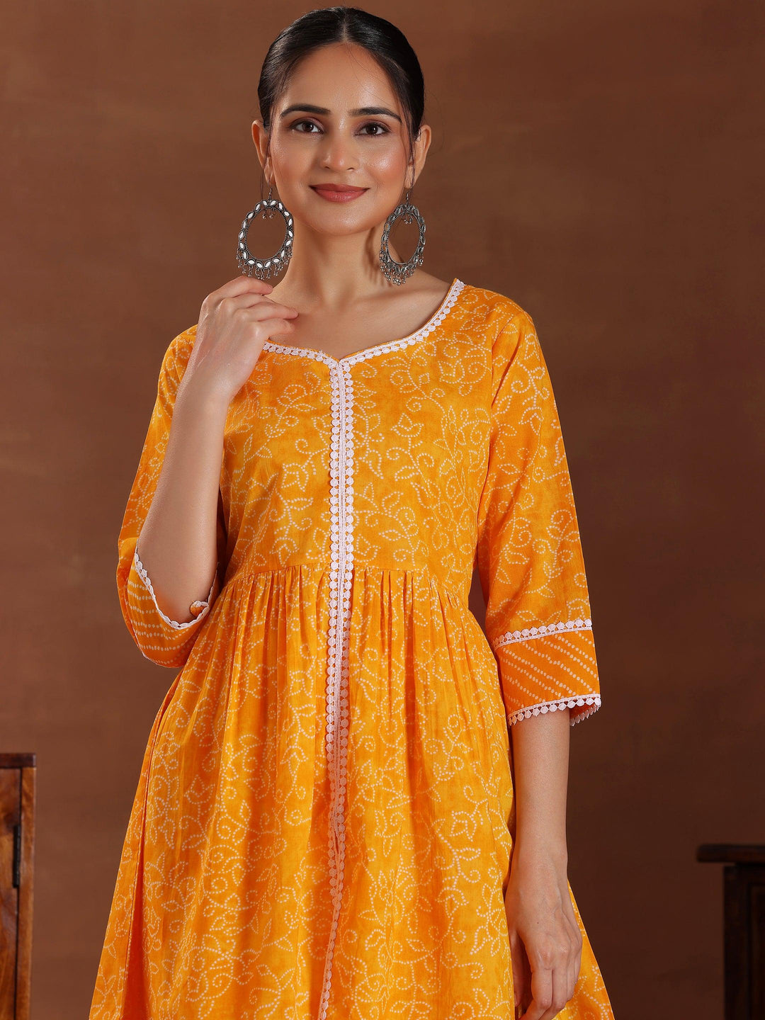 Mustard Printed Pure Cotton A-Line Kurti With Sharara & Dupatta - Libas 