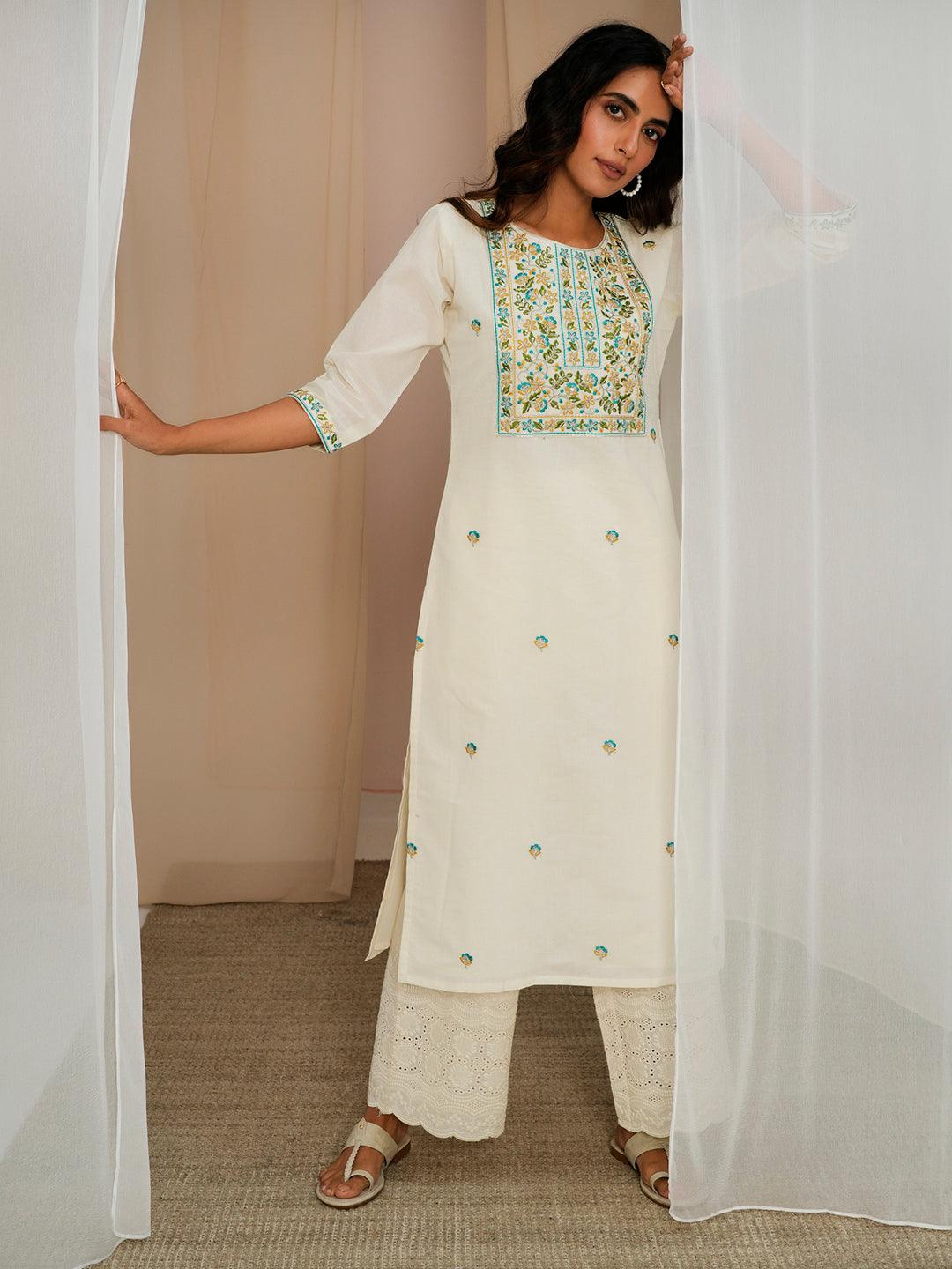 Off White Embroidered Cotton Straight Kurta - Libas