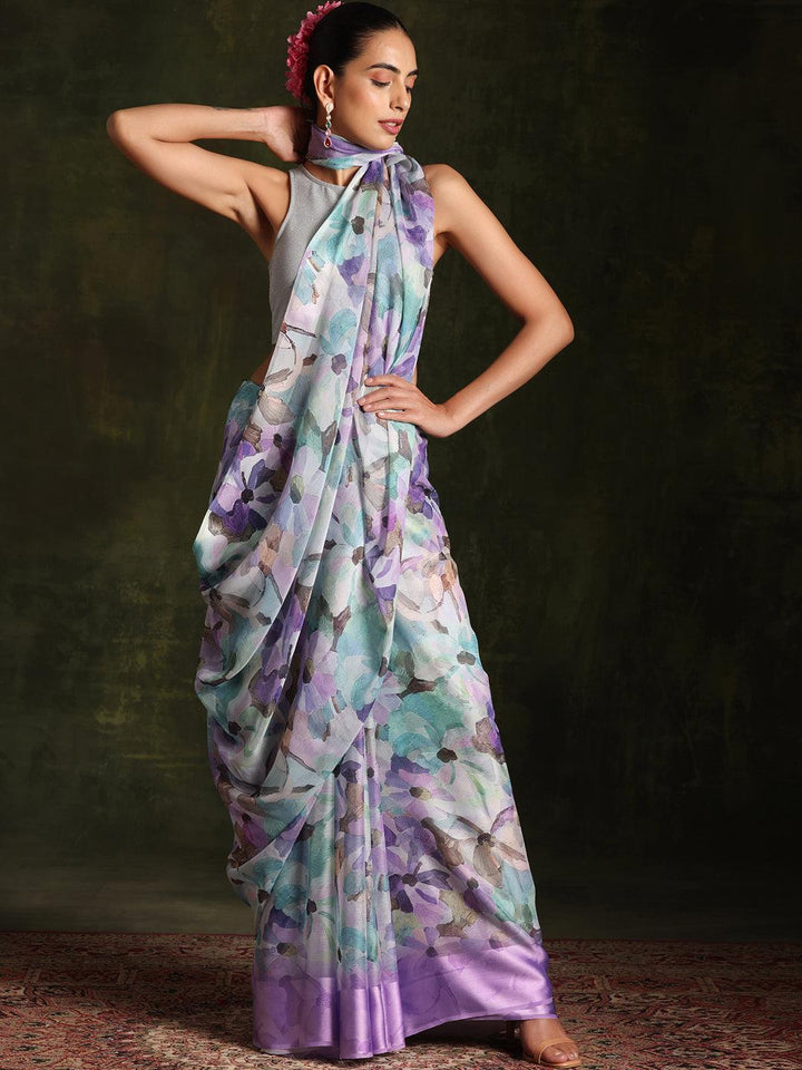 Lavender Printed Silk Blend Saree With Unstitched Blouse Piece - Libas