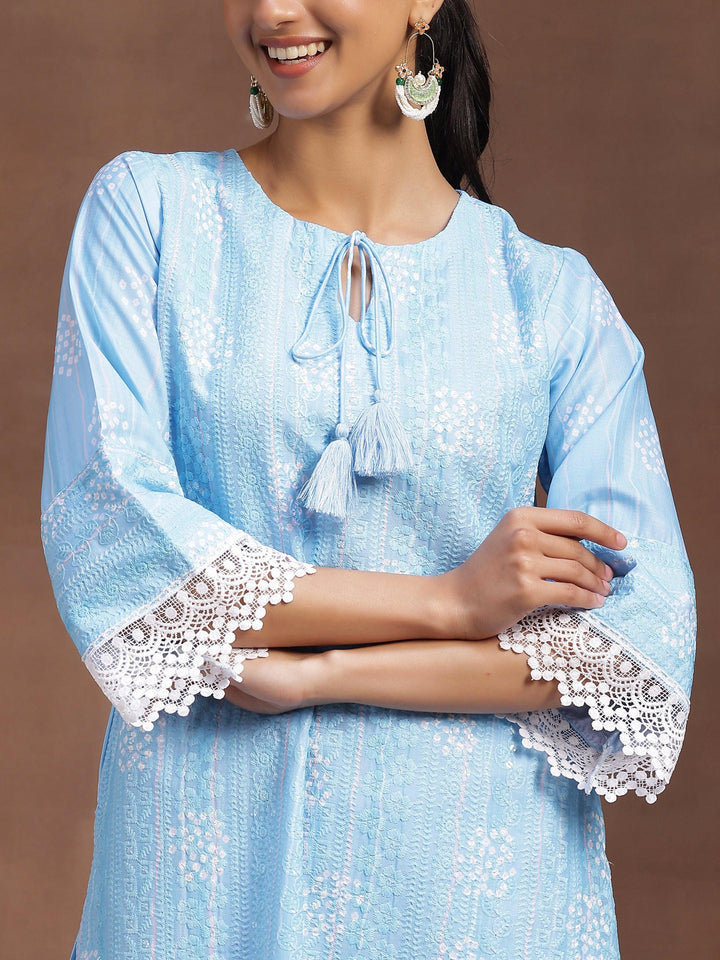 Blue Embroidered Cotton Blend Straight Suit With Dupatta - Libas