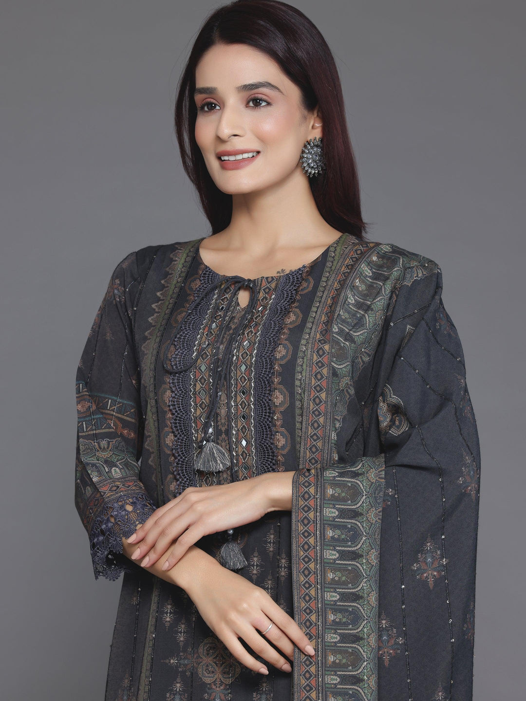 Grey Printed Silk Blend Straight Suit With Dupatta - Libas 