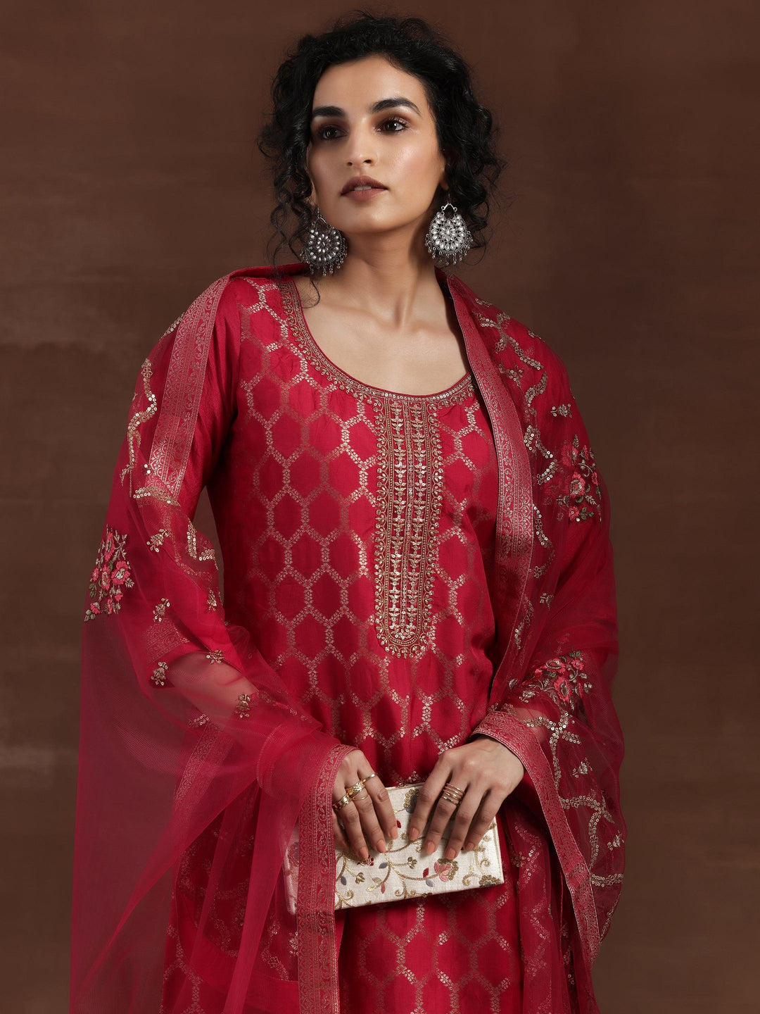 Pink Woven Design Silk Blend Straight Suit With Dupatta - Libas 