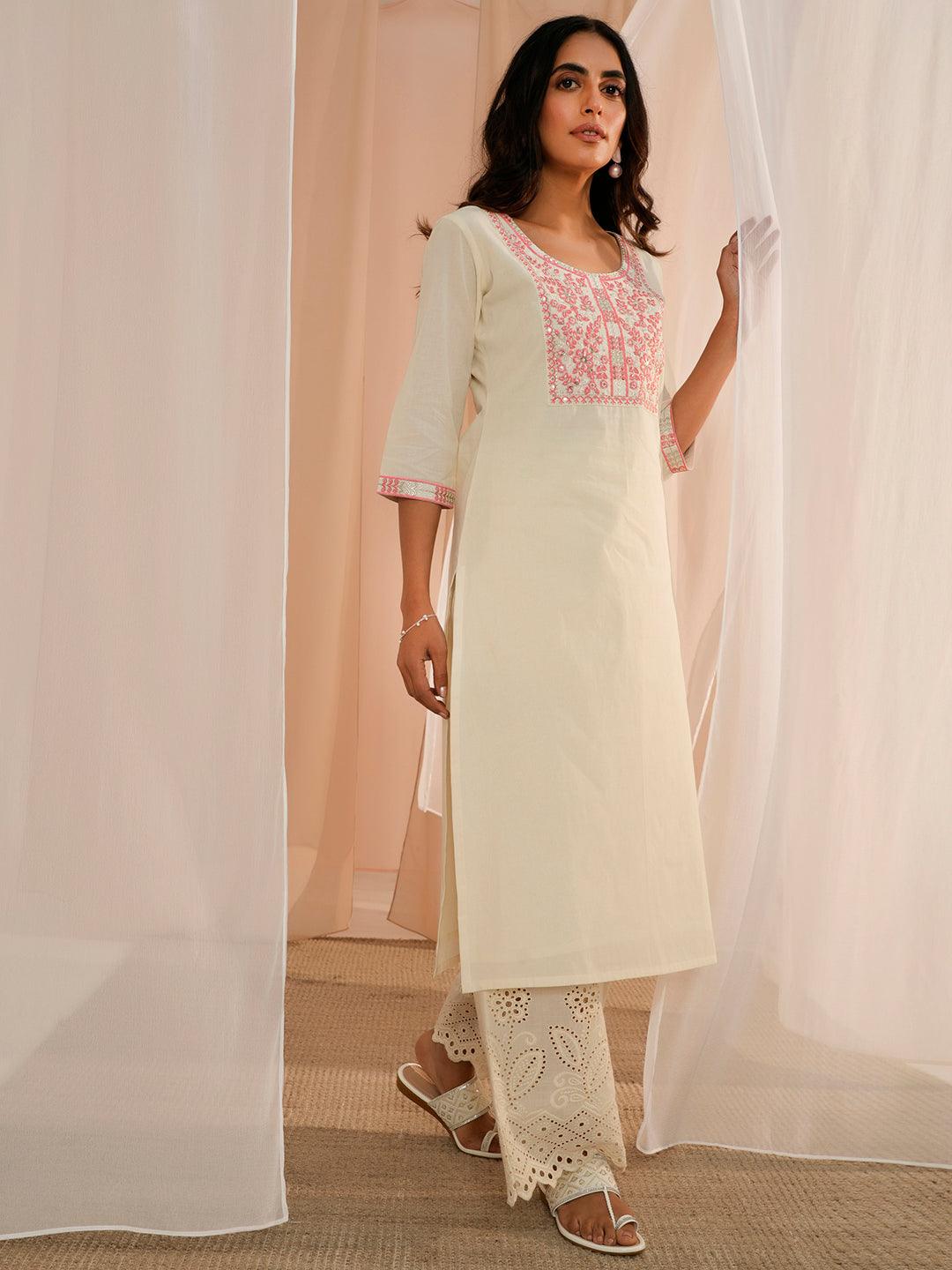 Off White Yoke Design Cotton Straight Kurta - Libas 