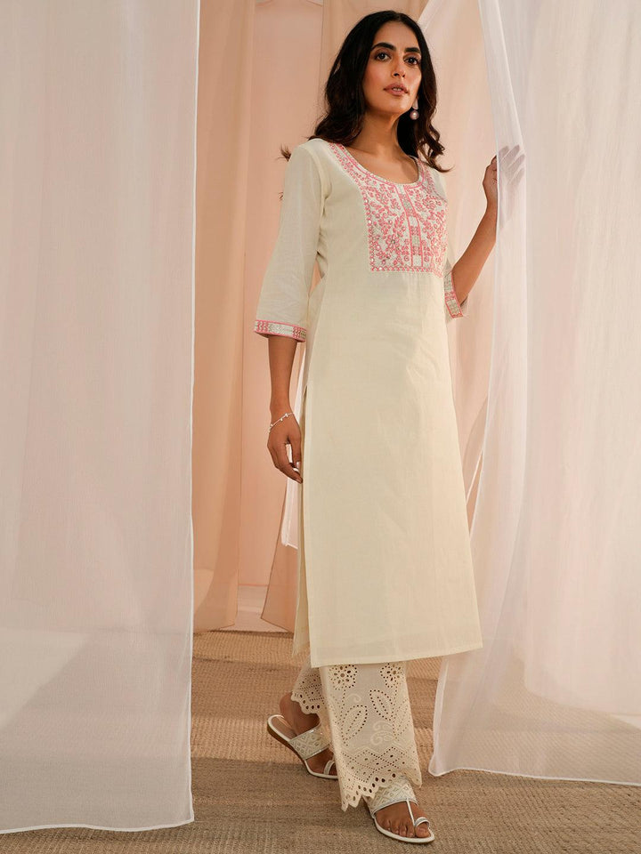 Off White Yoke Design Cotton Straight Kurta - Libas