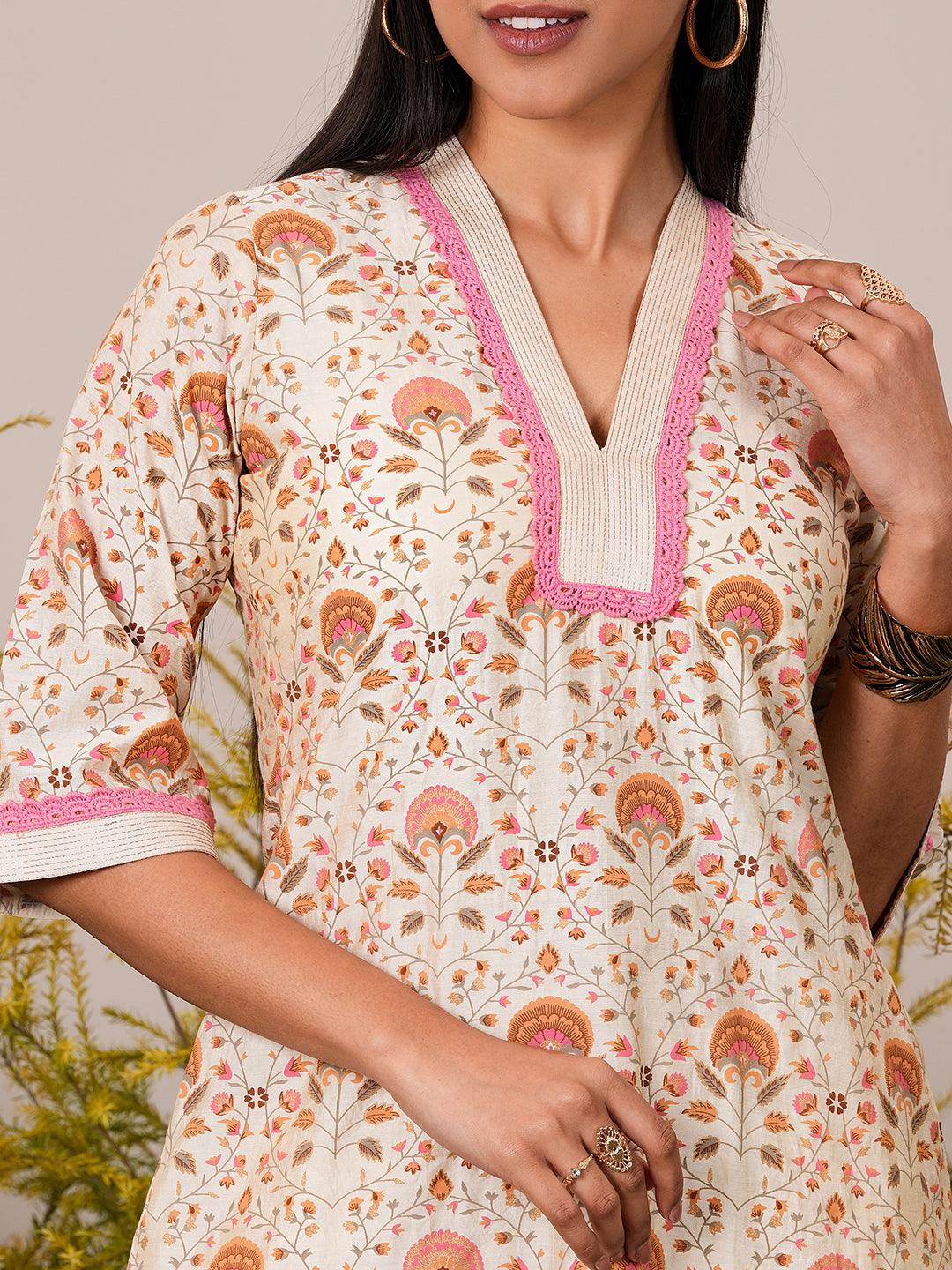 Beige Printed Chanderi Silk A-Line Kurta With Palazzos - Libas