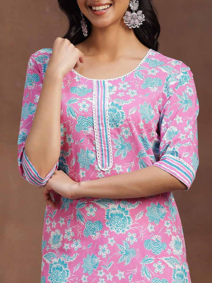 Pink Printed Cotton Straight Kurta - Libas