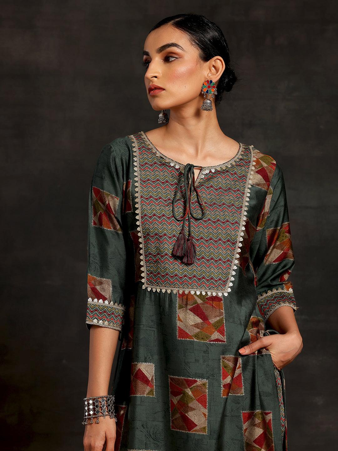 Green Printed Silk Blend Straight Suit With Dupatta - Libas