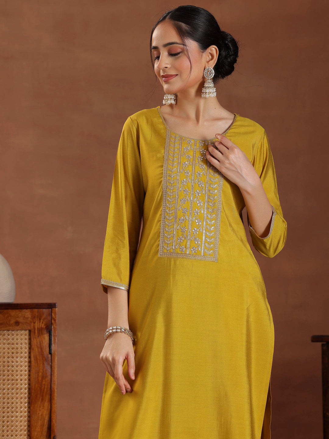 Mustard Yoke Design Silk Blend Straight Suit With Dupatta - Libas 