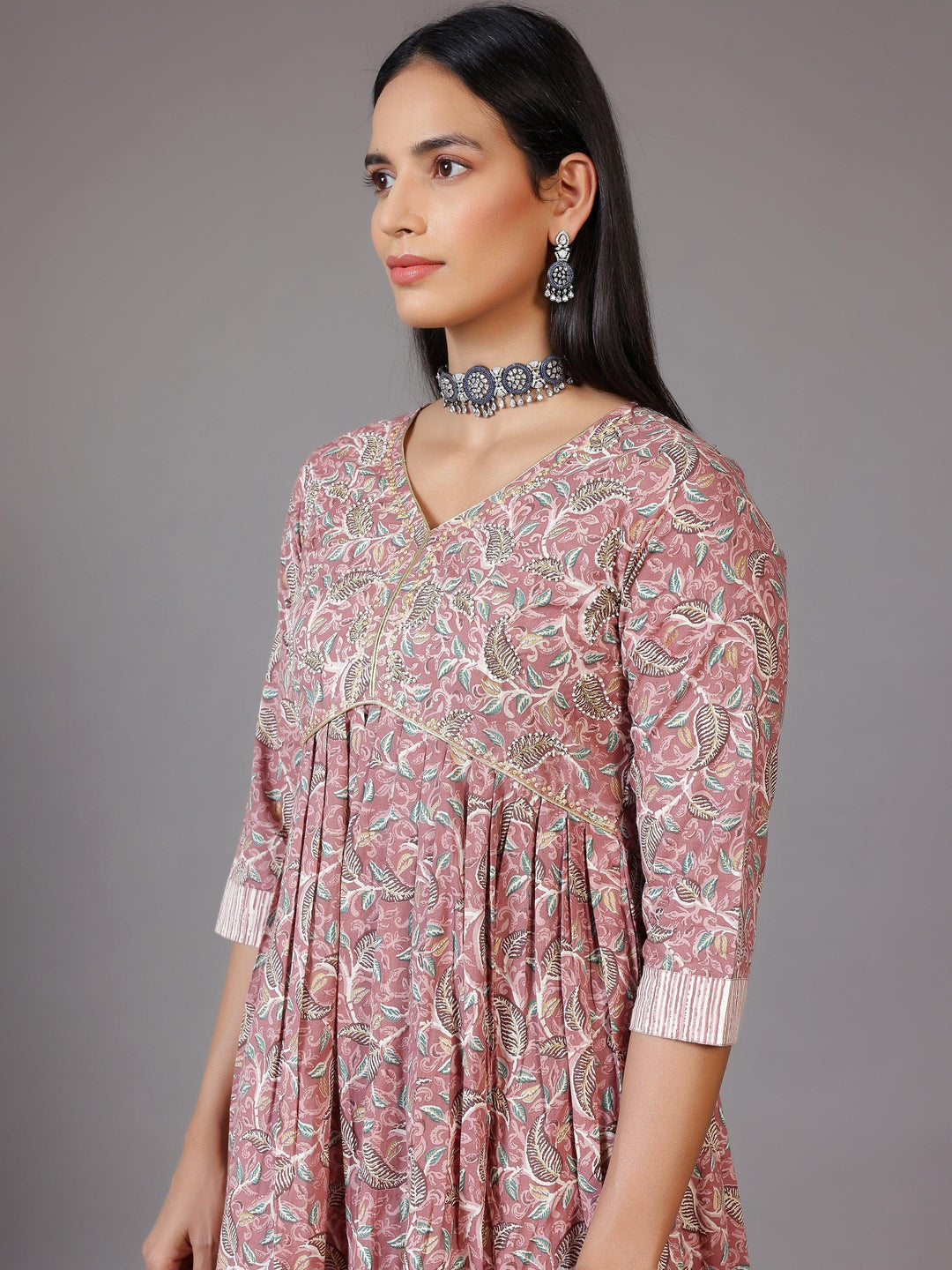 Pink Printed Cotton Anarkali Suit With Dupatta - Libas