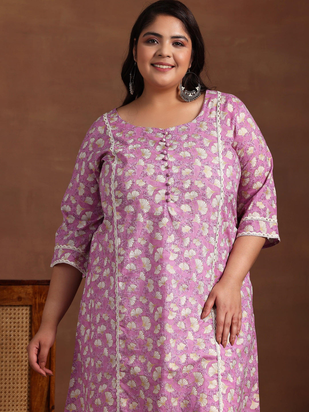 Plus Size Purple Printed Cotton A-Line Kurta - Libas