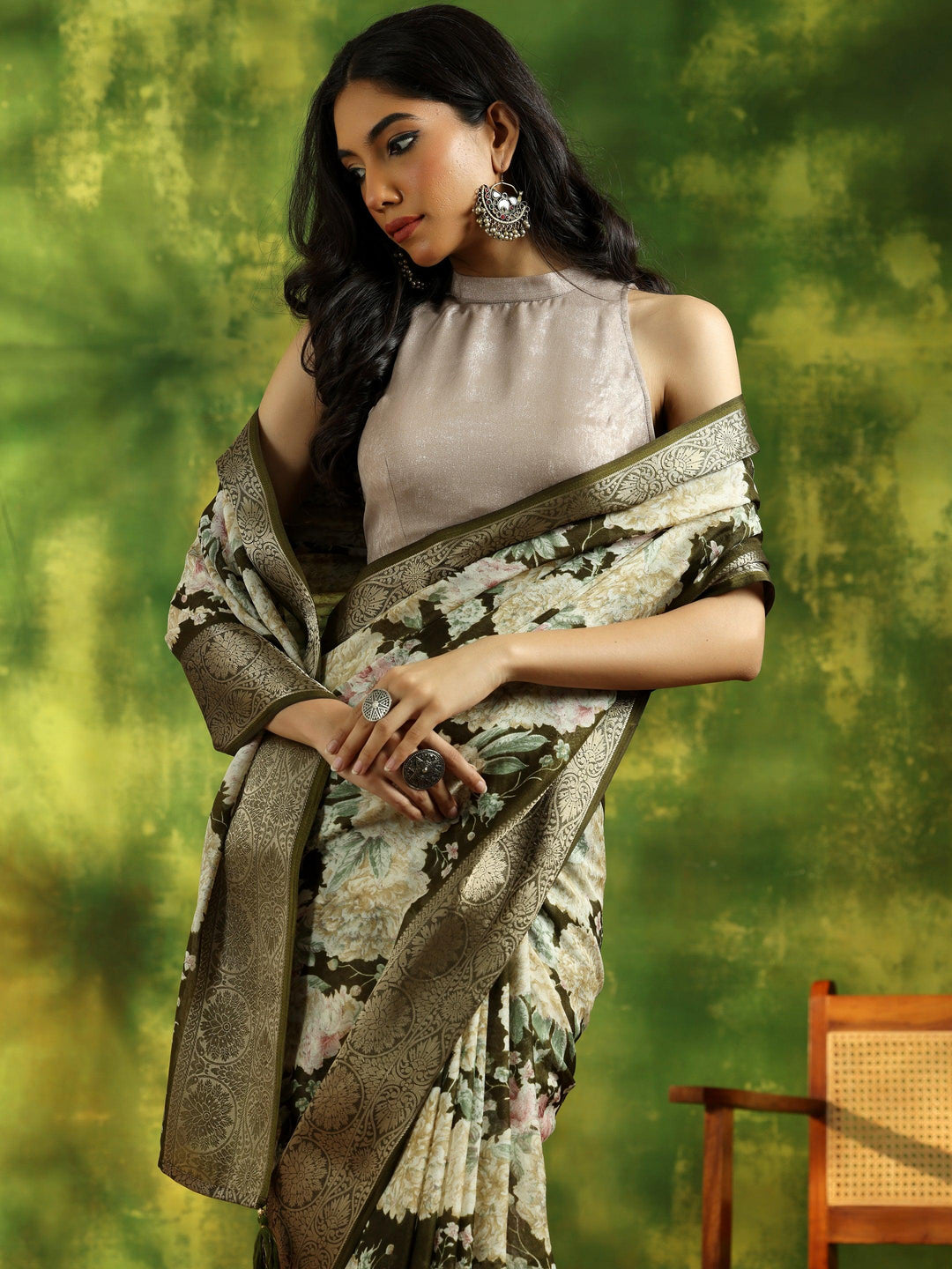 Olive Printed Silk Blend Saree With Unstitched Blouse Piece - Libas 