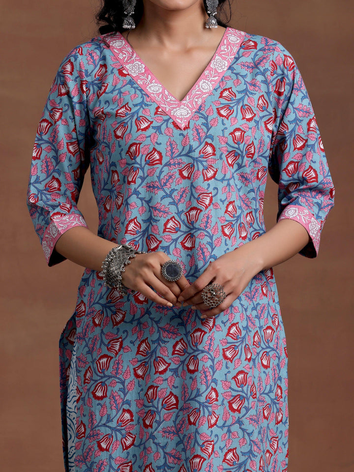 Blue Printed Cotton Straight Suit With Dupatta - Libas