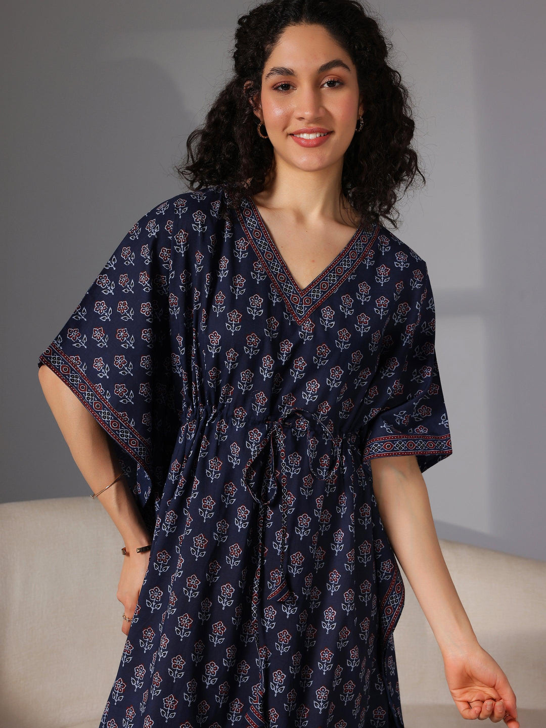 Navy Blue Printed Cotton Kaftan Night Dress - Libas