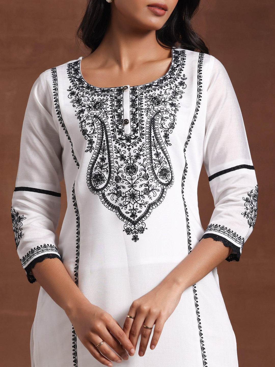 White Embroidered Silk Blend Straight Suit With Dupatta - Libas