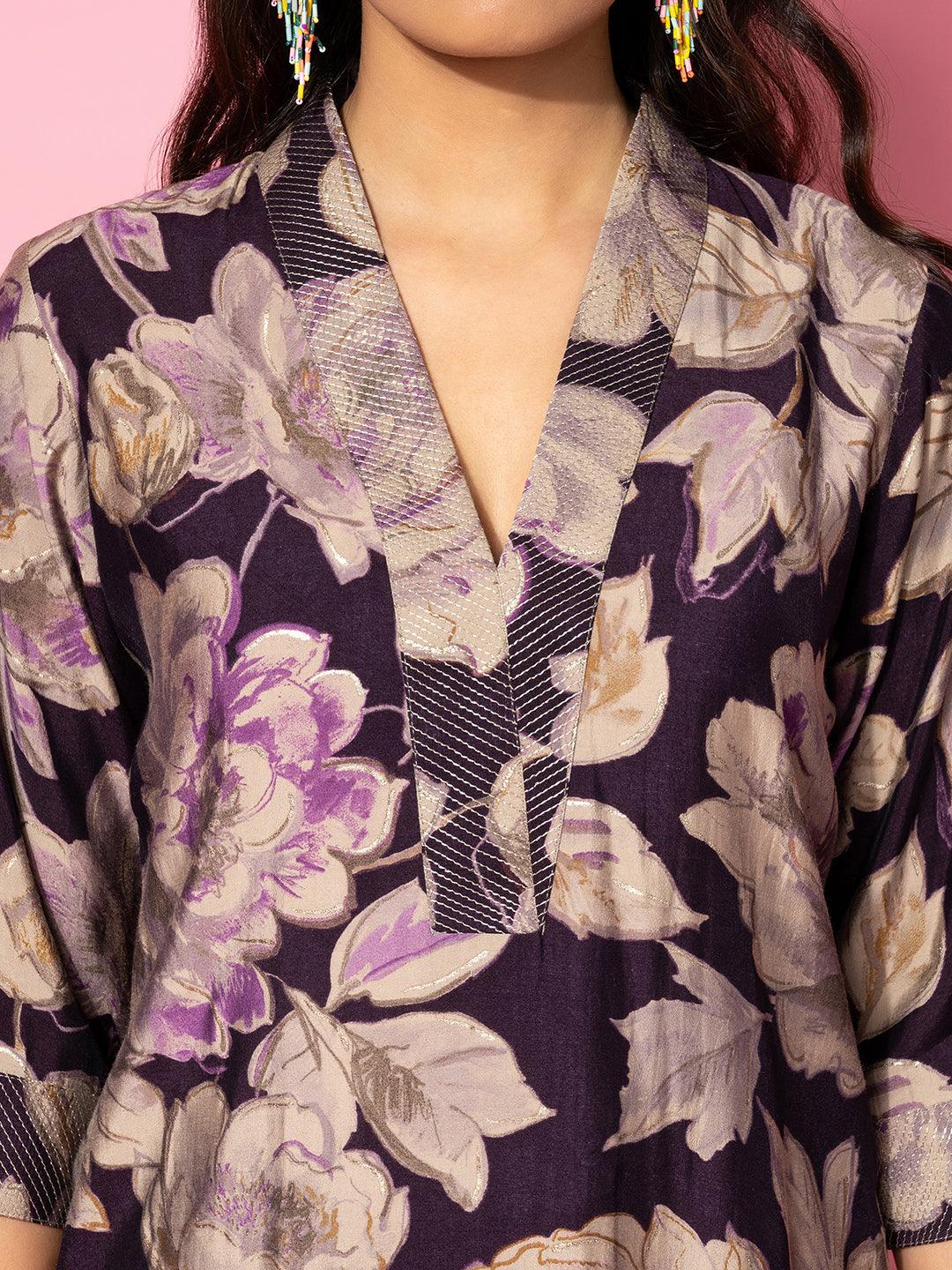 Purple Printed Silk Blend Co-Ords - Libas 