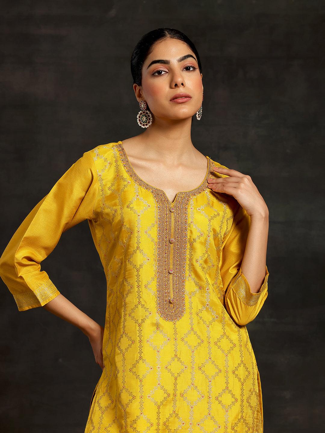 Mustard Woven Design Silk Blend Straight Suit With Dupatta - Libas 