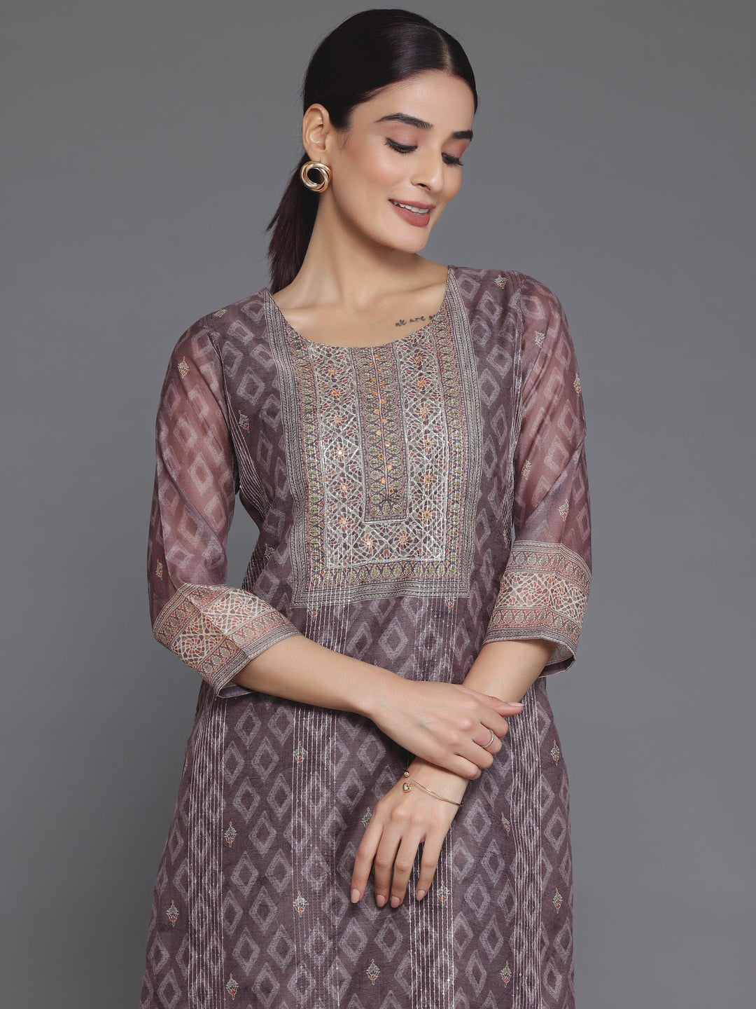 Brown Embellished Chanderi Silk Straight Kurta - Libas 