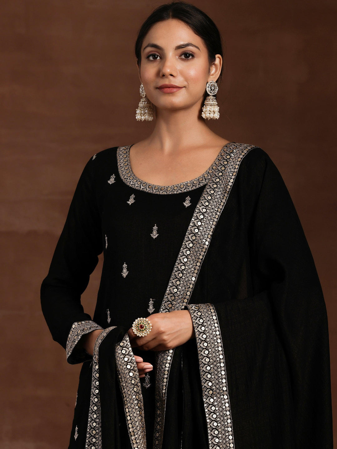 Black Embroidered Silk Blend Straight Suit With Dupatta - Libas