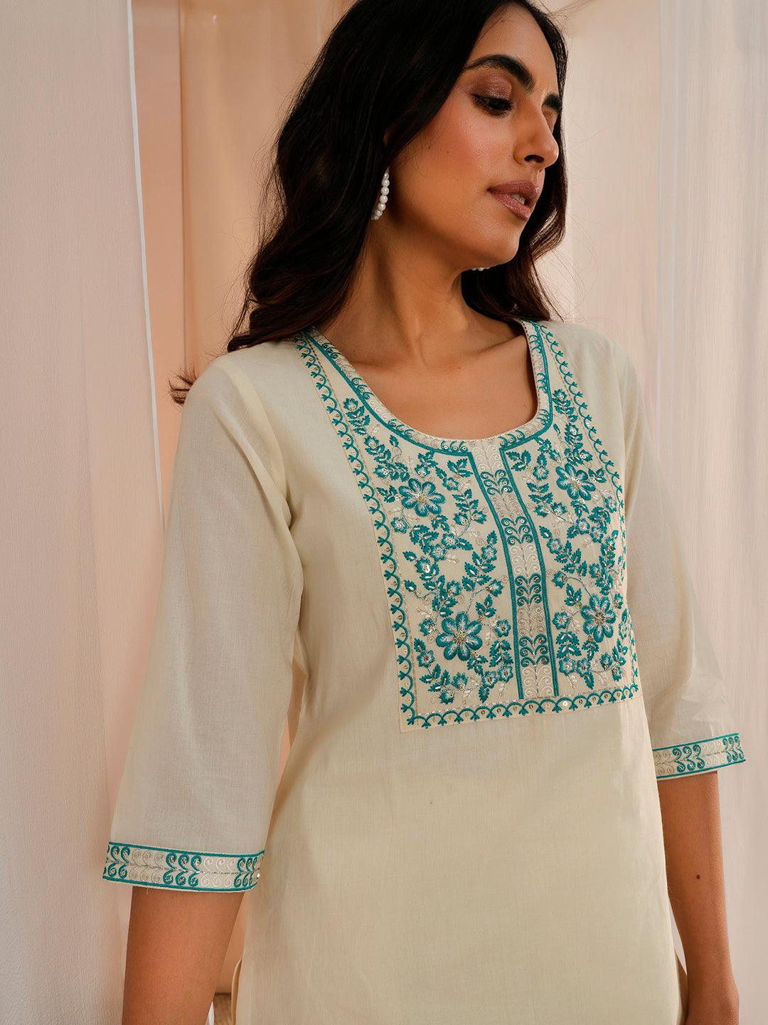 Off White Yoke Design Cotton Straight Kurta - Libas 