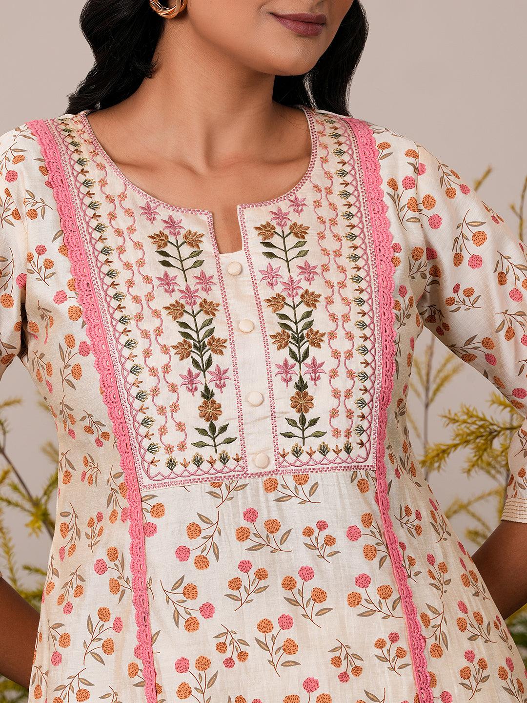 Beige Printed Chanderi Silk A-Line Kurta With Palazzos - Libas 