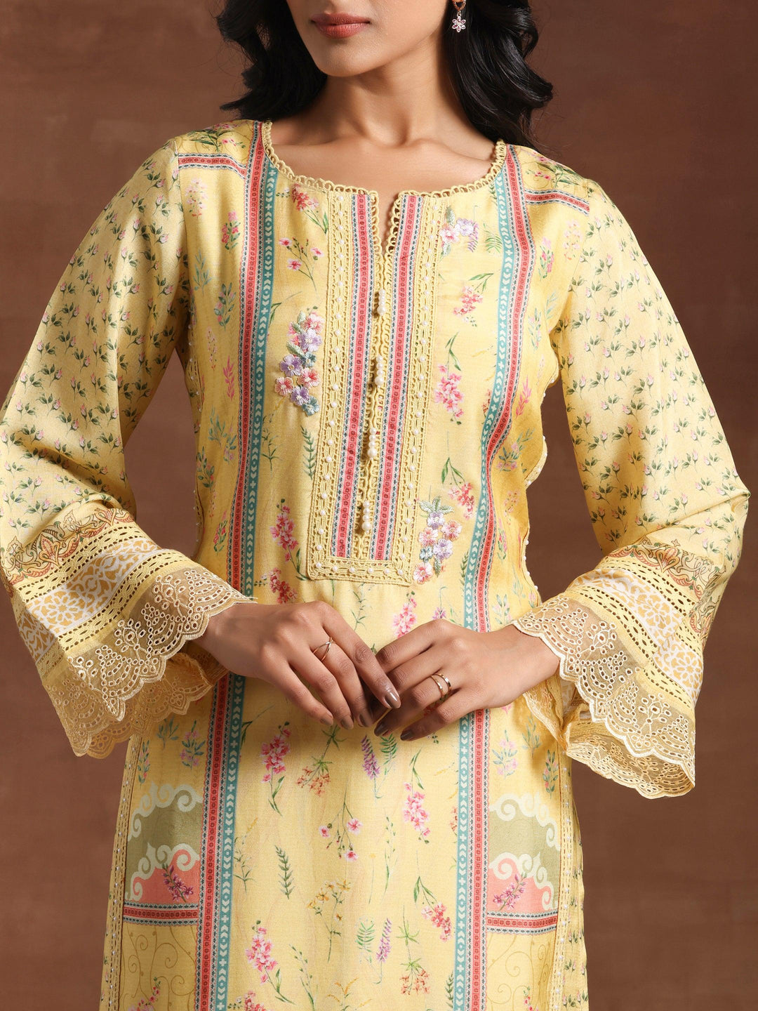 Yellow Printed Silk Blend Straight Suit With Dupatta - Libas 