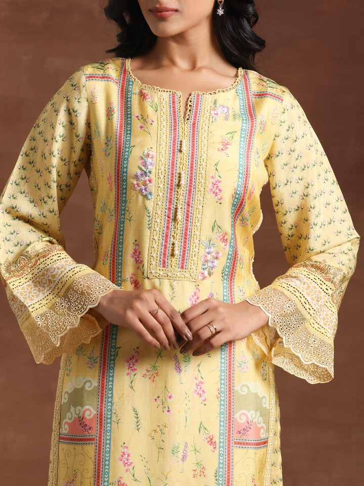 Yellow Printed Silk Blend Straight Suit With Dupatta - Libas