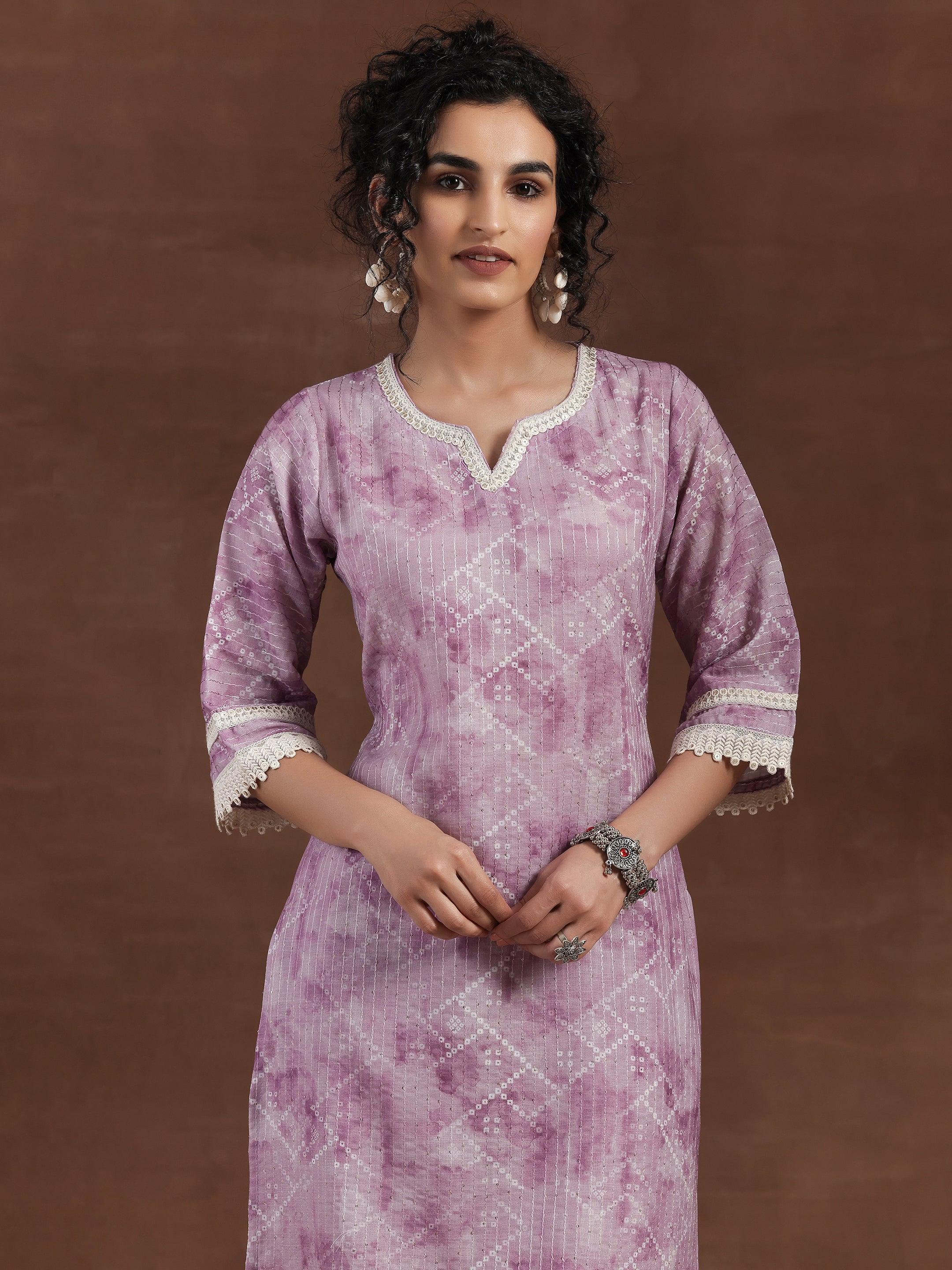 Purple Printed Cotton Straight Suit With Dupatta