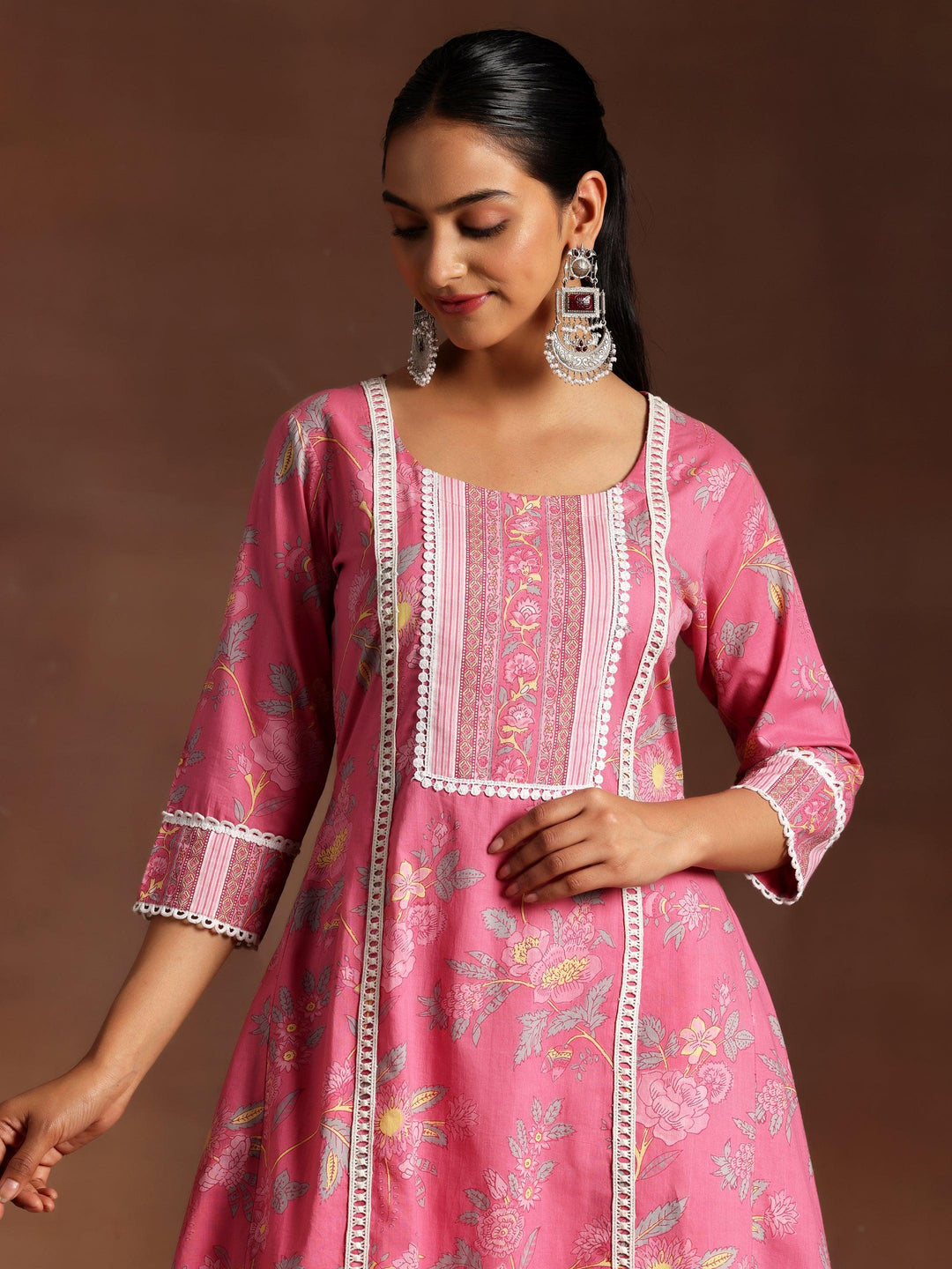 Rukhsaar Pink Printed Cotton A-Line Kurta With Palazzos - Libas