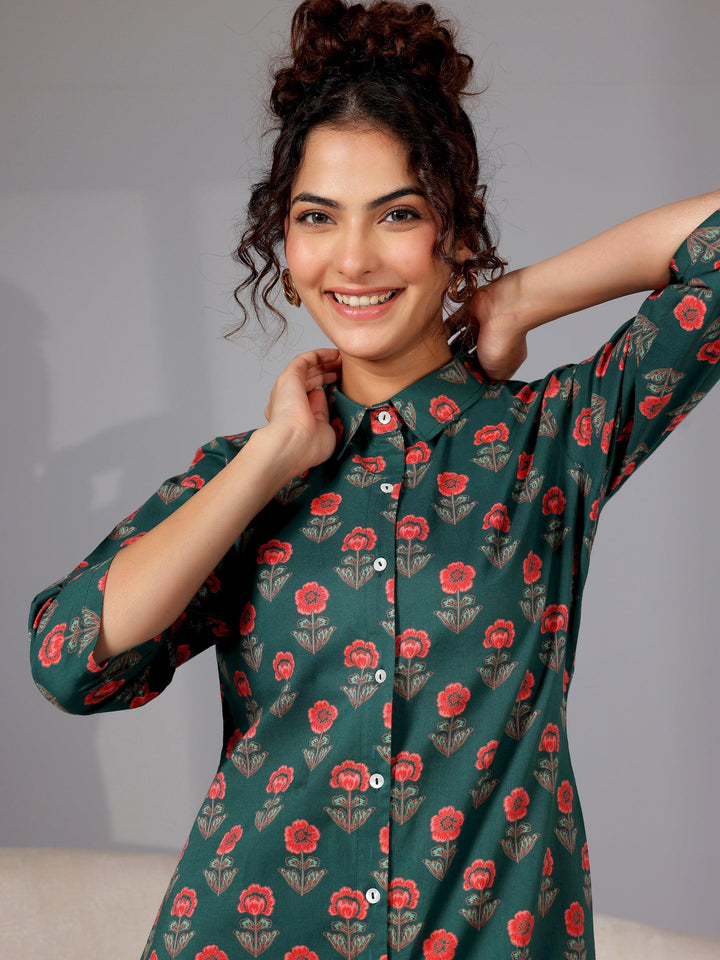 Green Printed Cotton Night Suits - Libas