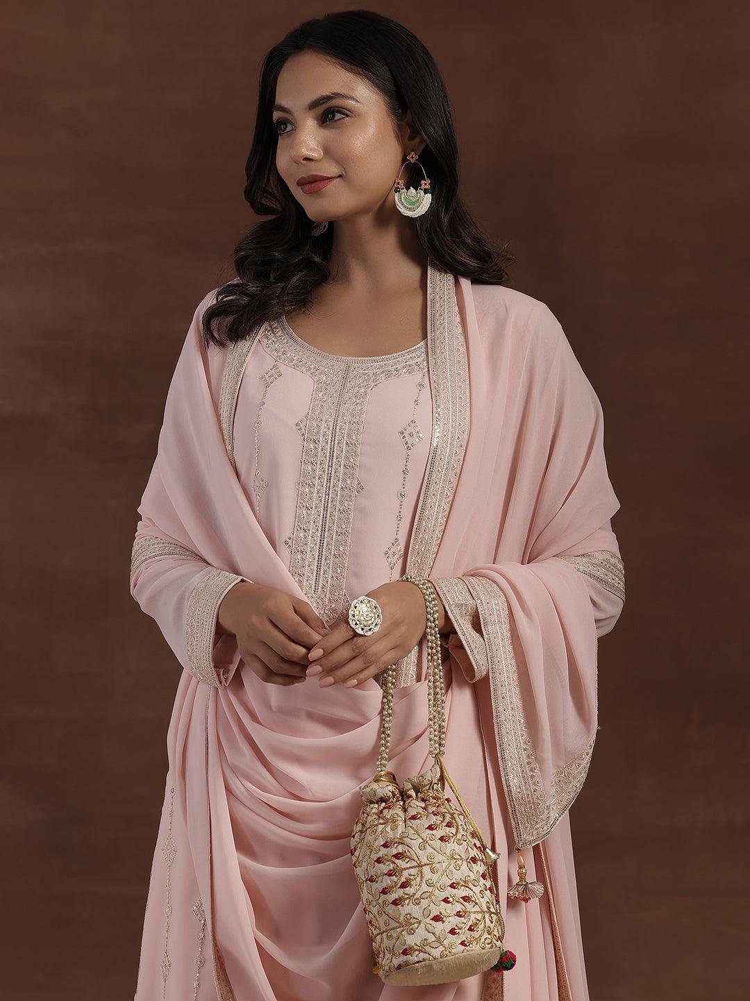 Peach Embroidered Georgette Straight Suit With Dupatta - Libas 