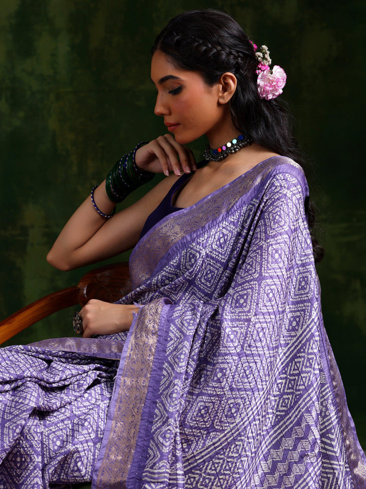 Lavender Printed Silk Blend Saree With Unstitched Blouse Piece - Libas