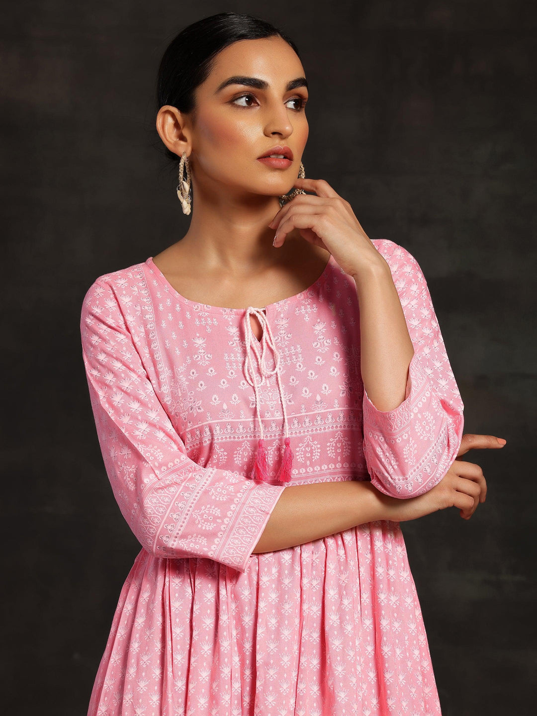 Pink Printed Cotton Fit and Flare Dress - Libas 