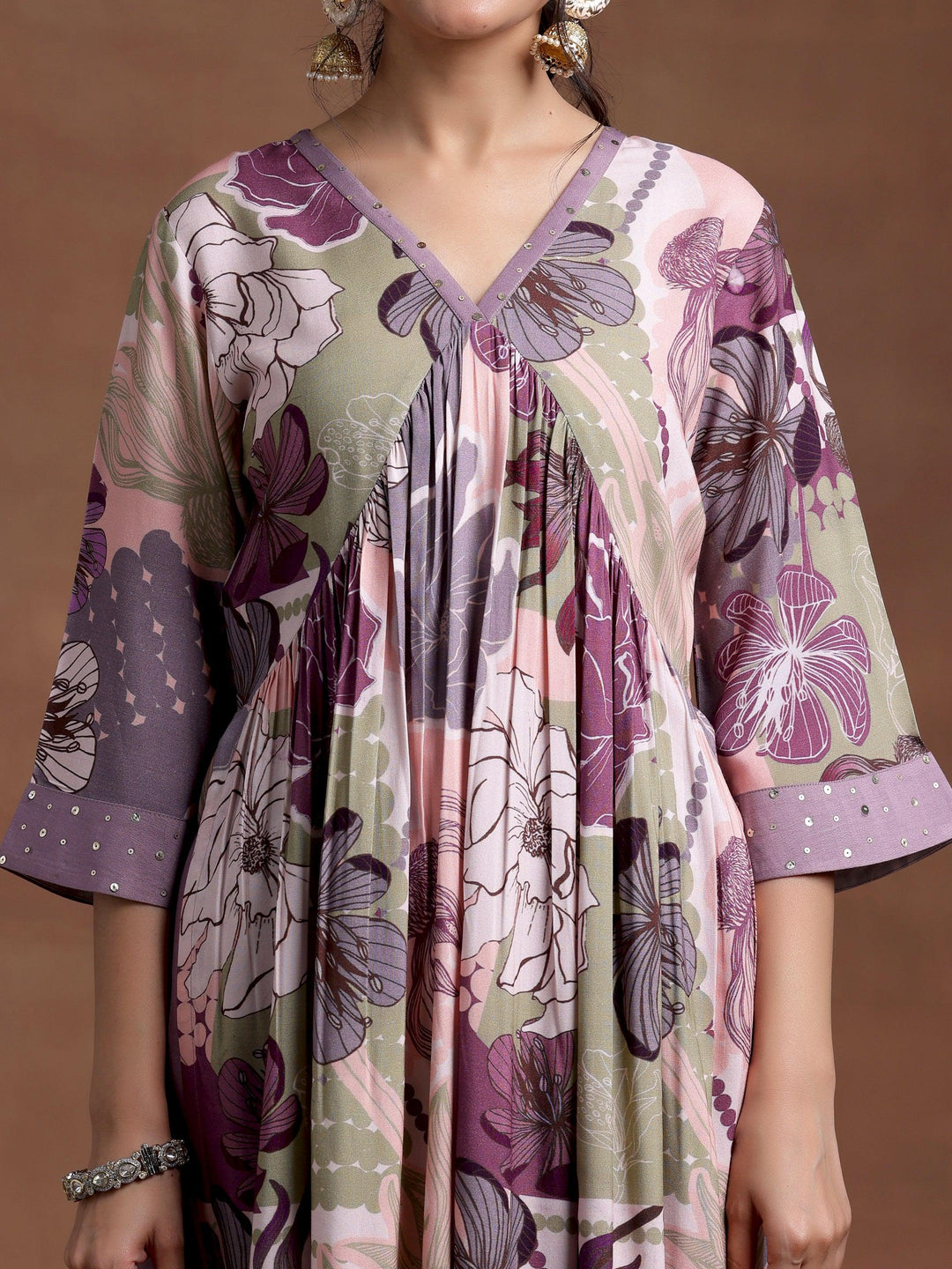 Mauve Printed Rayon A-Line Kurta With Trousers - Libas 