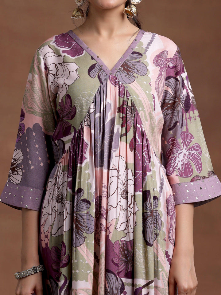 Mauve Printed Rayon A-Line Kurta With Trousers - Libas