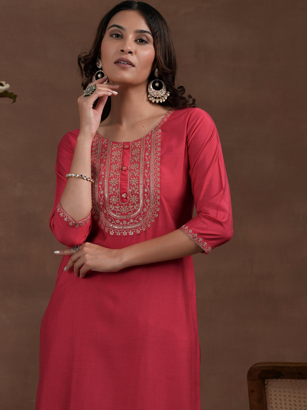 Pink Yoke Design Silk Blend Straight Suit With Dupatta - Libas