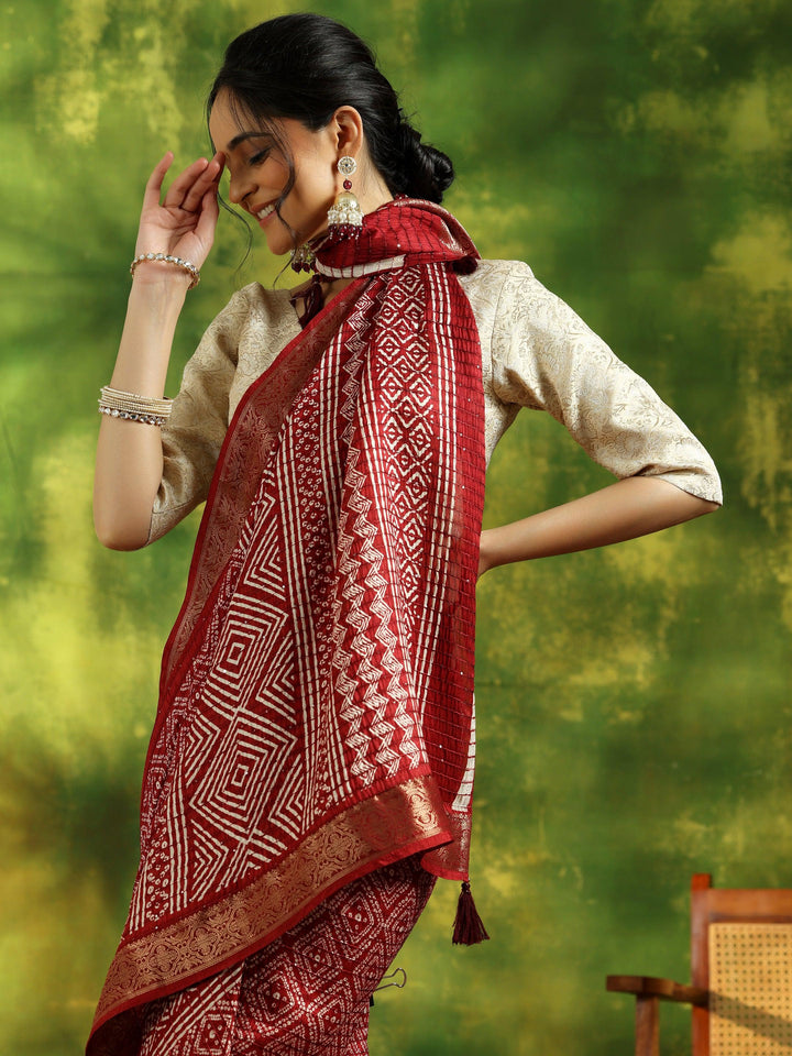 Maroon Printed Silk Blend Saree With Unstitched Blouse Piece - Libas