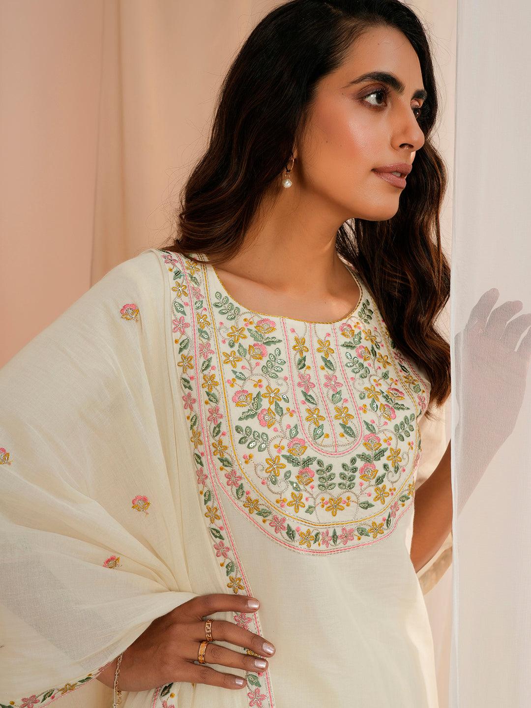 Off White Yoke Design Cotton Straight Suit With Dupatta - Libas 