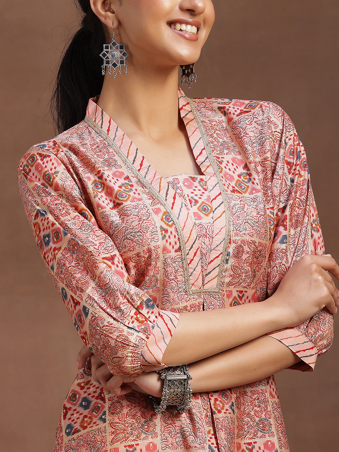  Peach Printed Silk Blend Straight Kurta Set 