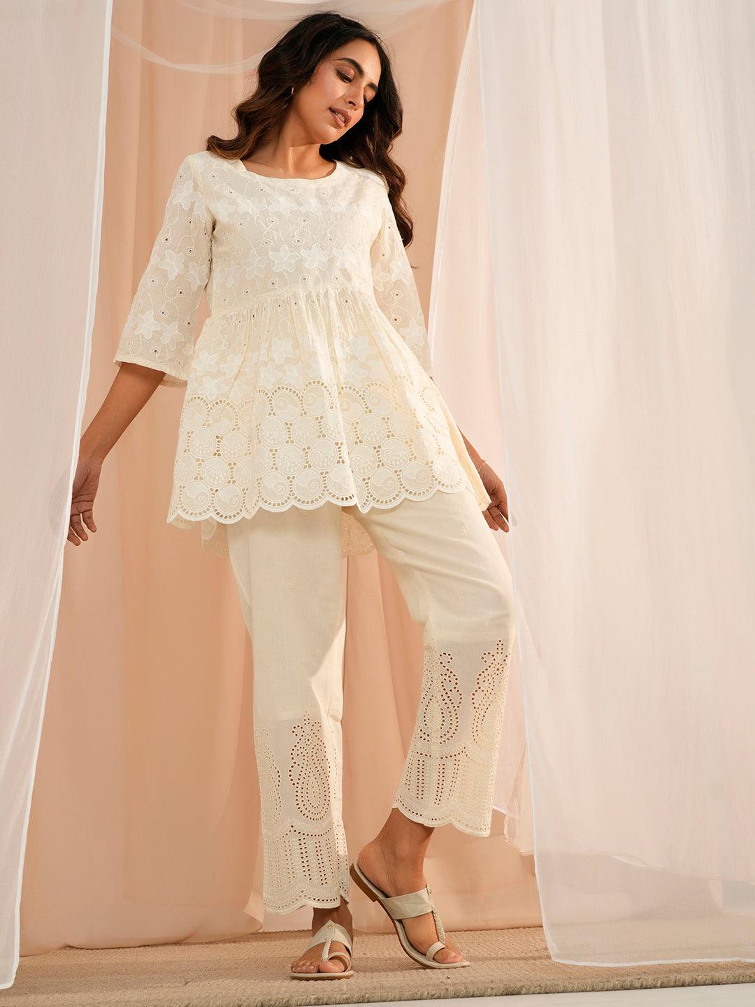 Off White Embroidered Cotton Straight Fit Palazzos - Libas