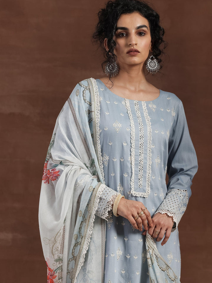 Blue Embroidered Silk Blend Straight Suit With Dupatta - Libas