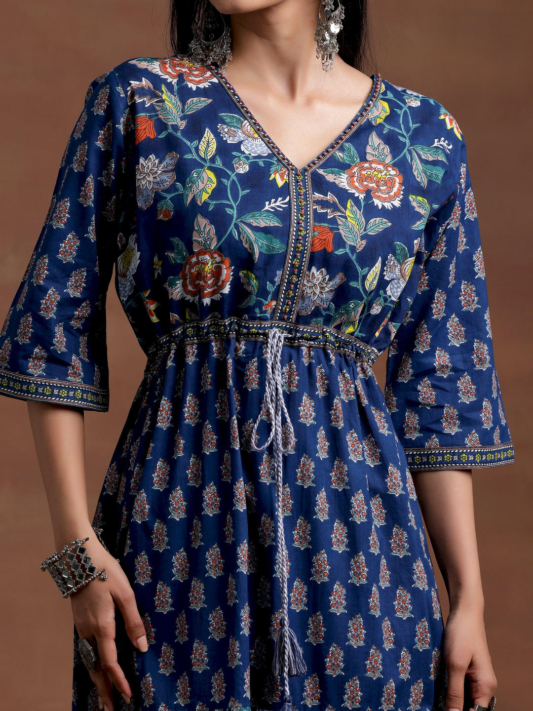 Blue Printed Cotton Fit and Flare Dress - Libas