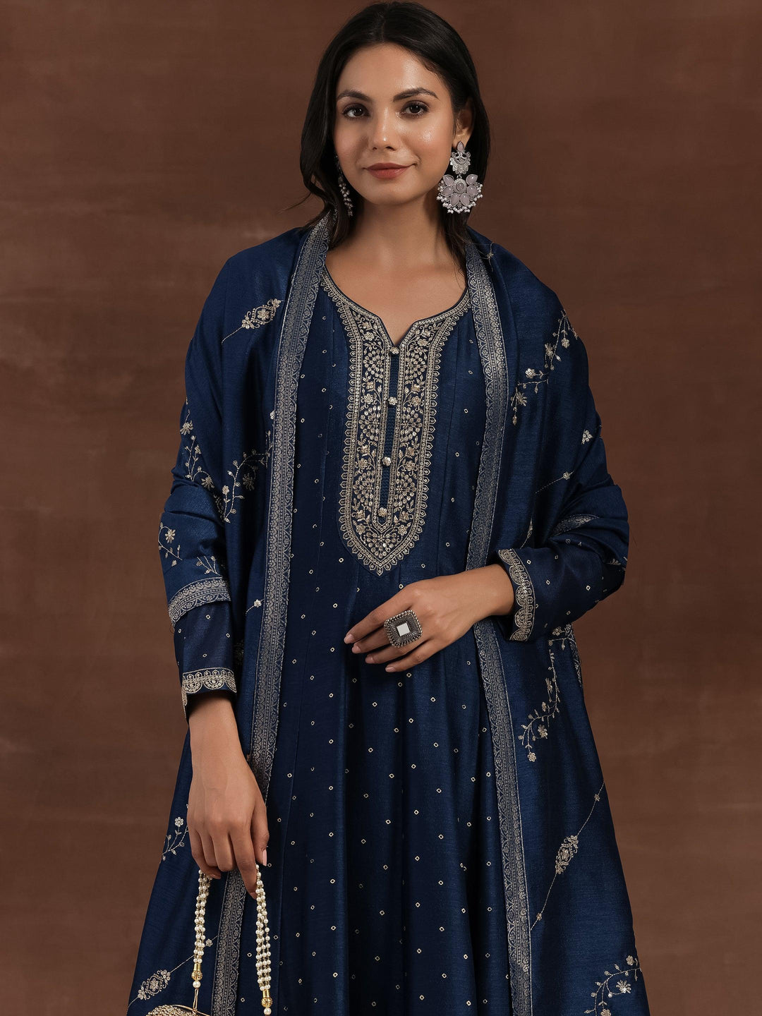 Rizwana Blue Embroidered Silk Blend A-Line Kurta With Trousers & Dupatta - Libas 