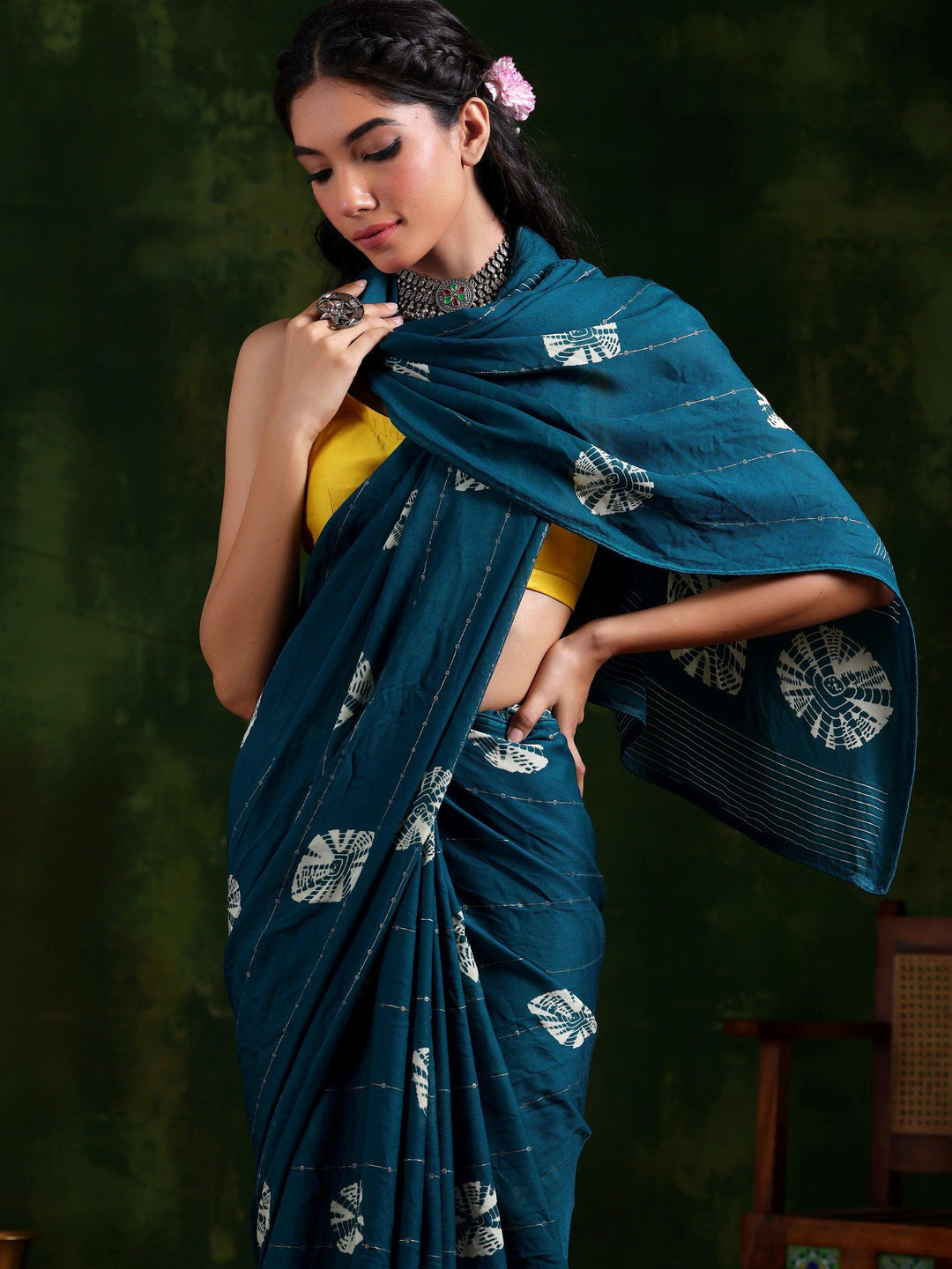 Teal Printed Poly Chiffon Saree With Unstitched Blouse Piece - Libas 