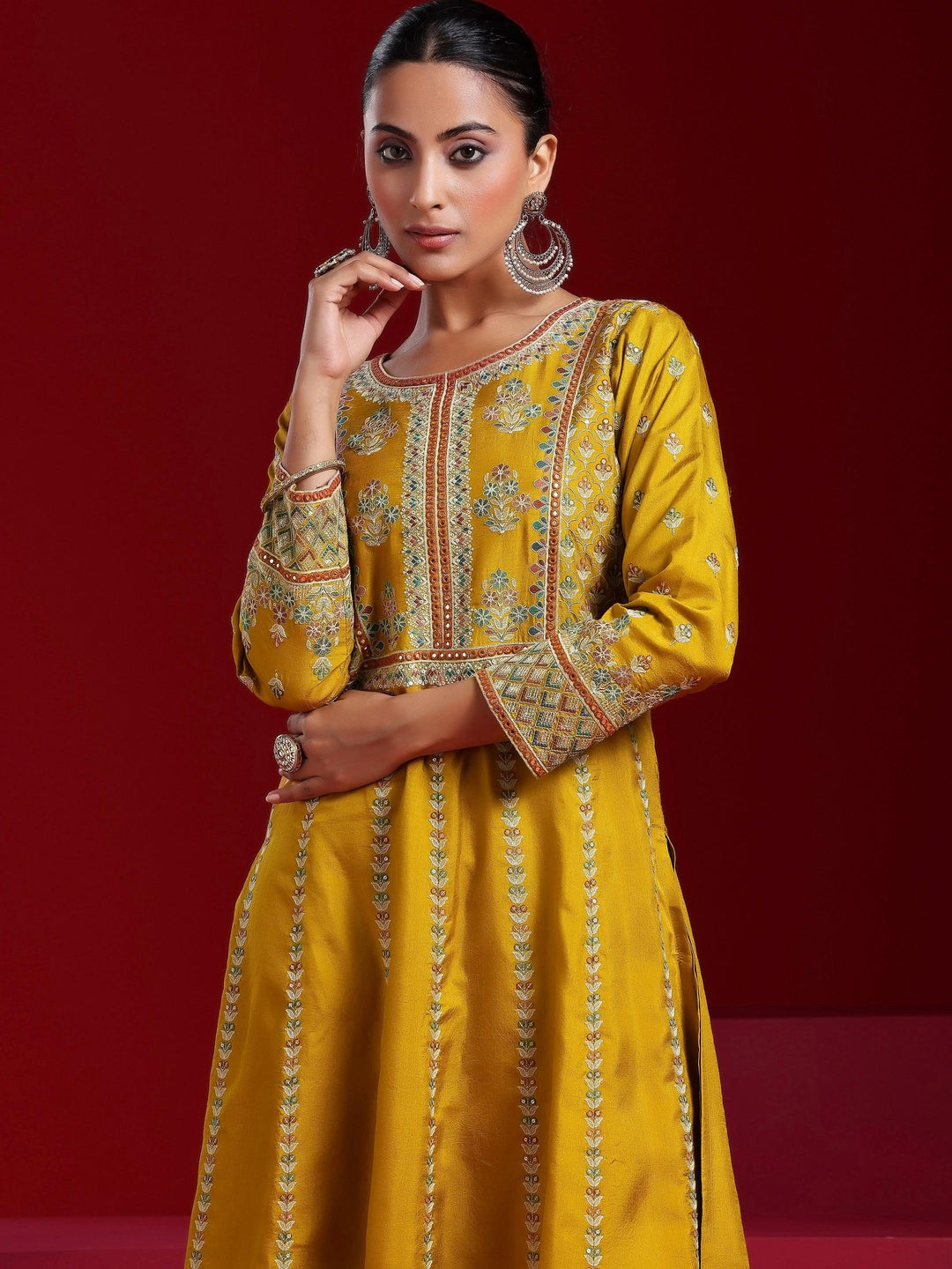 Libas Art Mustard Embroidered Silk Blend A-Line Kurta With Sharara & Dupatta - Libas