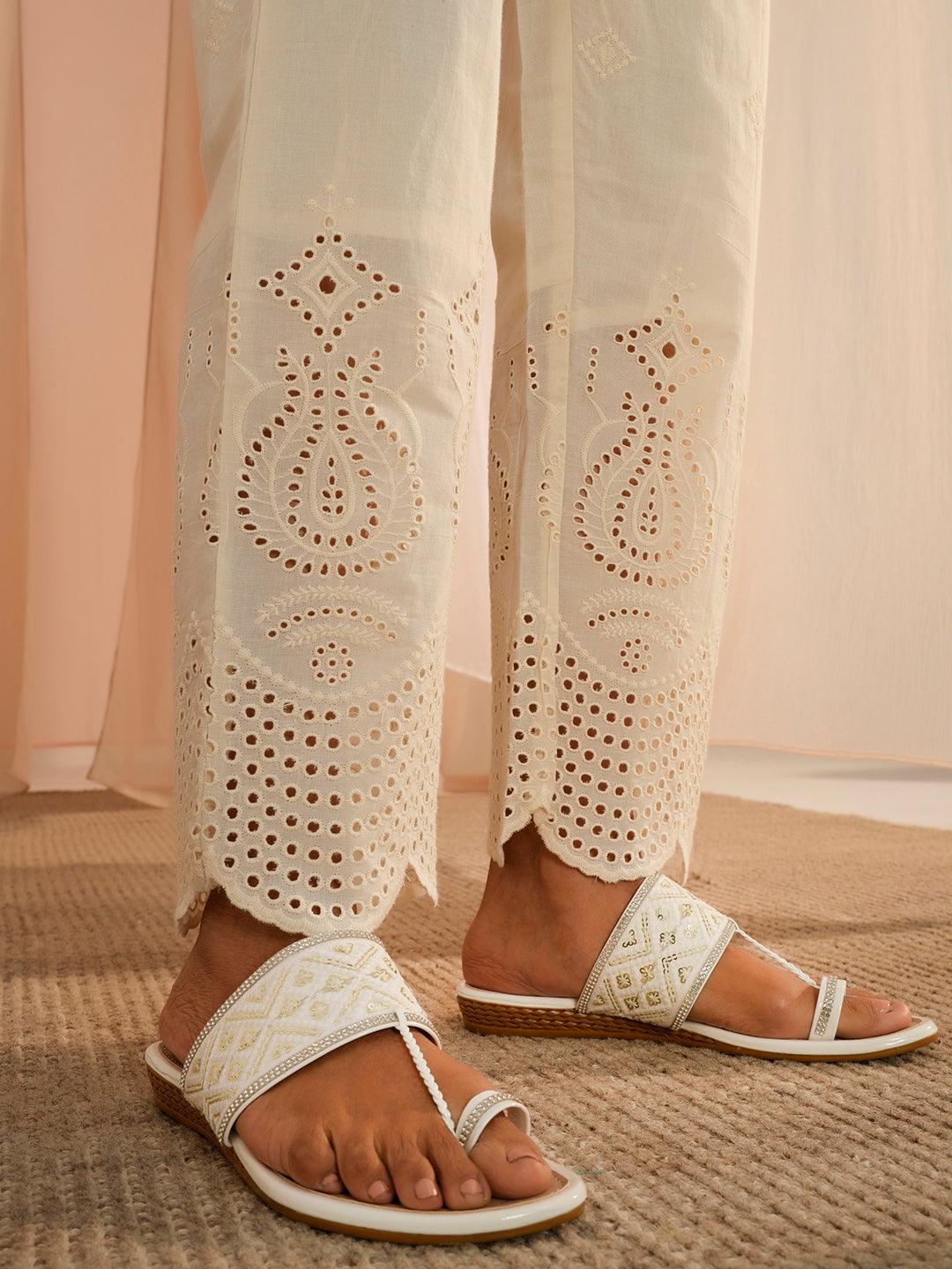 Off White Embroidered Cotton Straight Fit Palazzos - Libas