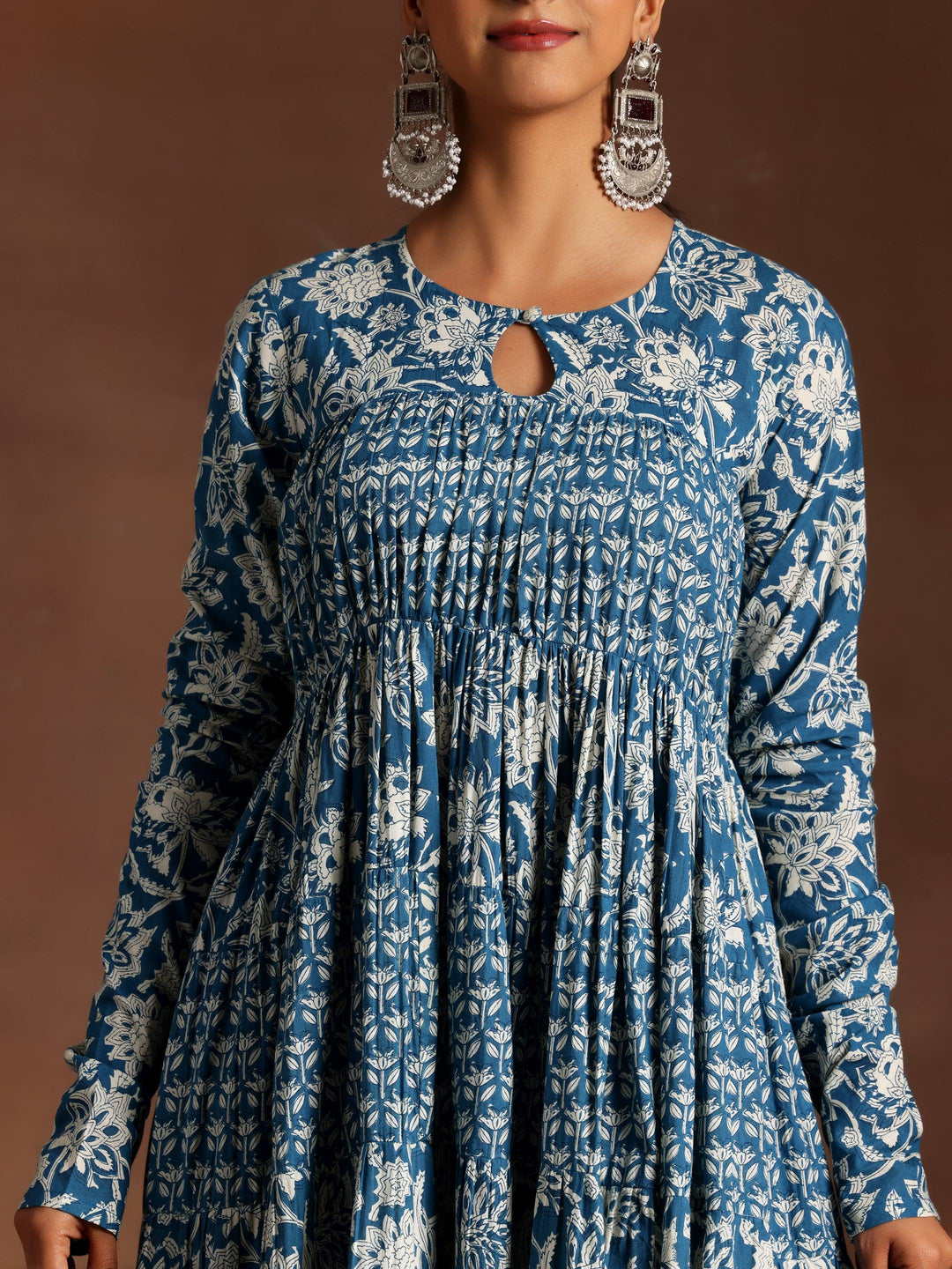 Blue Printed Cotton A-Line Kurta With Trousers & Dupatta - Libas 